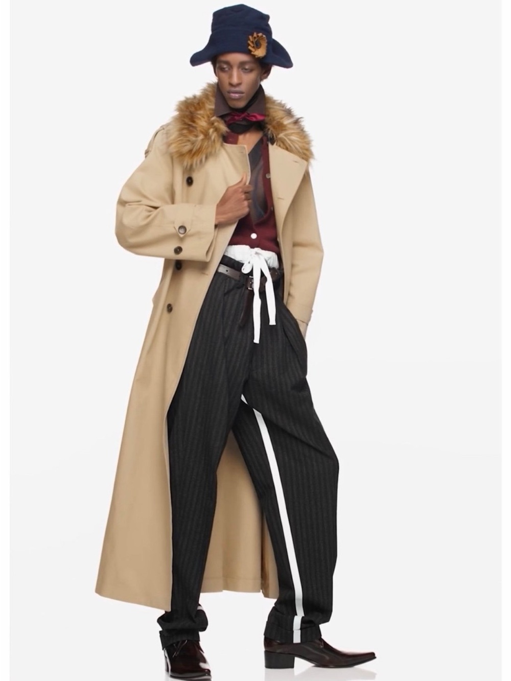 John Galliano Beige Trench Coat with Faux Fur Collar